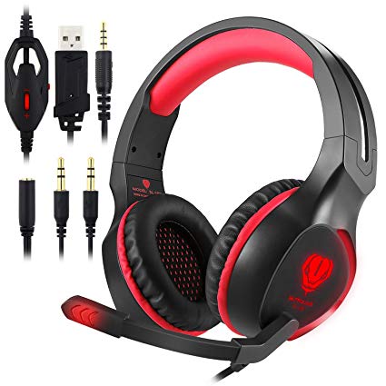ohCome Gaming Headset with Mic for PS4, New Xbox One, Nintendo Switch, PC - Professional 3.5MM LED Light Over-ear Headband Noise Reduction Surround Sound Stereo Headphones with Splitter (Black-red)