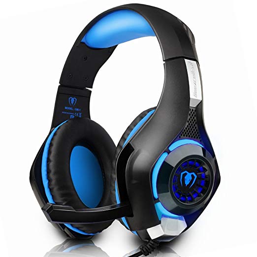 Gaming Headset, Pobon Surround Stereo Mac PC Computer Gaming Headset USB 3.5mm Over-Ear Headband Headphones with Microphone Noise Isolating Volume Control LED Light for PS4 Xbox one Laptop (Blue)