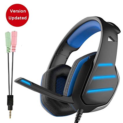 Emmabin Gaming Headset PS4 Dolby Surround 7.1, Bass Over-Ear Headphones with Mic Noise Isolating, Sports Performance Ear Pads, Rotating Ear Cups, 3.5 Jack LED Lights for Laptop, PC, Mac, Smartphone