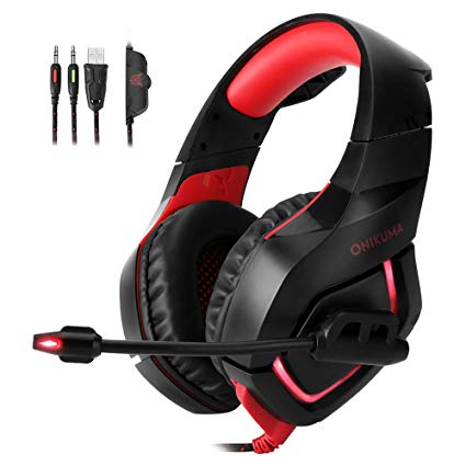Stereo Gaming Headset for Xbox One PS4 PC, Landnics Noise Cancelling Over Ear Headphones with Mic, LED Light, Bass Surround,Volume Control for Laptop Mac Nintendo Switch Games-Red