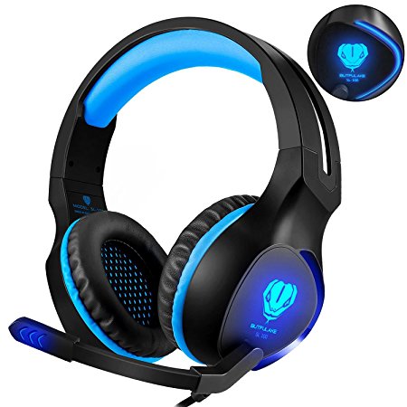 Fenvella Gaming Headset With Mic For PC/PS4/Xbox One Controller/Nintendo Switch 3.5mm Wired Stereo Noise Isolating Over Ear Headphones With LED Light Volume Control For Ipad/Laptop/Mobile Devices Blue