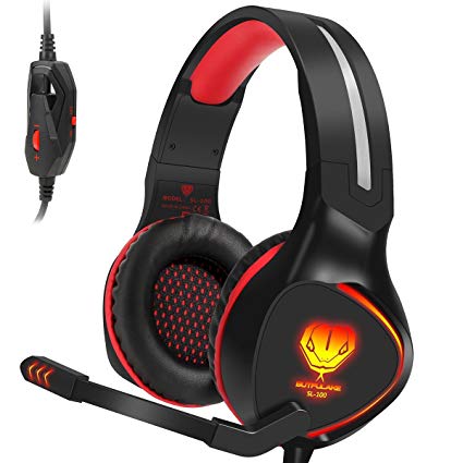 SL-100 Xbox One (S) PS4 Stereo Gaming Headset Lightweight, Over Ear Headphones with Mic for Xbox 1 Playstation 4, PC/Laptop/Mac Games, Comfy Earmuffs, Noise Isolation, Bass Surround, LED Light, Red