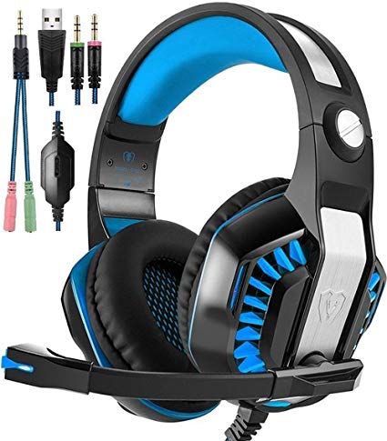 Beexcellent Gaming Headset, Stereo Gaming Headphones Noise Isolation / LED Light / Bass Surround Over-ear / Mic USB & 3.5mm Wired For PS4 PC Laptop Mac Games - Black+Blue