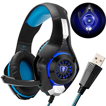 PC Gaming Headset with 7.1 Surround Sound - Beexcellent Wired Over Ear USB Headsets with Mic One Key Mute Volume Control Blue Led Light for Computer Laptop Ps4 ( GM-110 BlackBlue )
