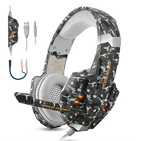 BGOOO Stereo Gaming Headset for PS4, PC, Xbox One,Professional 3.5mm Noise Isolation Over Ear Headphones with Mic, LED Light, Bass Surround, Soft Memory Earmuffs for Laptop Mac Nintendo (Camouflage)